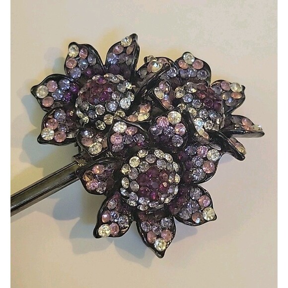 Purse Hanger w/ Triple Purples Flowers Floral Rhinestones Table Swivel - Picture 3 of 8